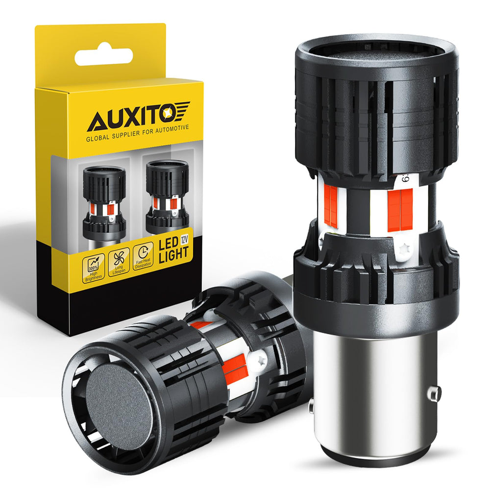 AUXITO front view of 1157 red LED bulbs showing plug and lens clarity for easy install