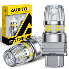 AUXITO 3157 front view showing twin bulbs and benefits of brighter backup lighting
