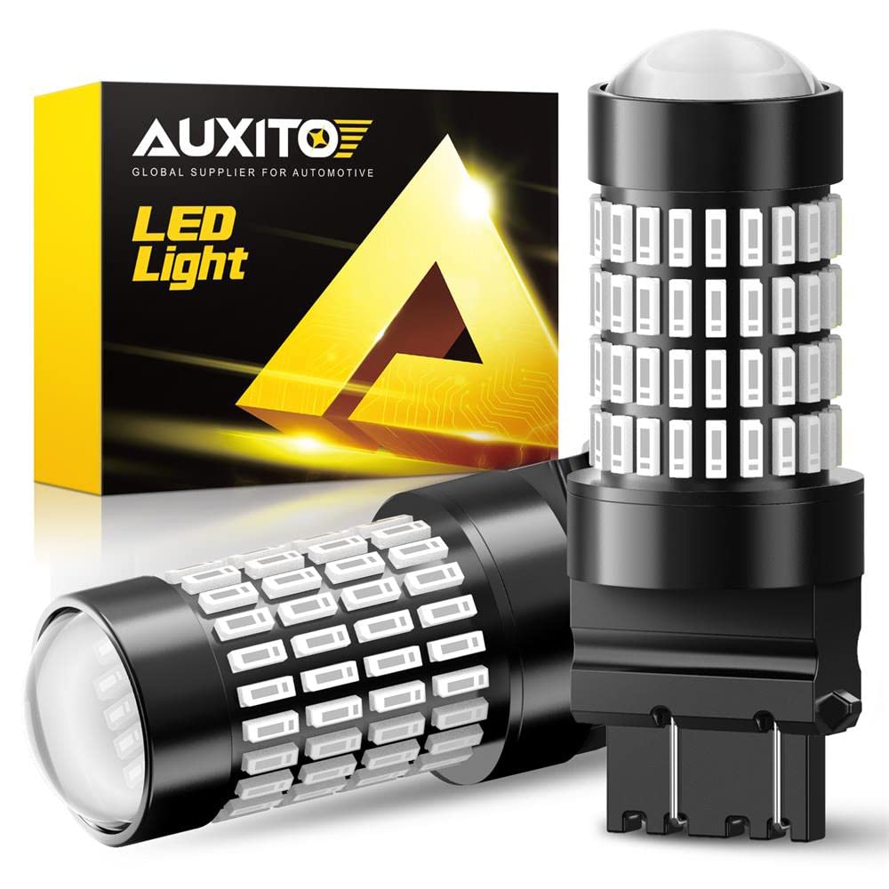 AUXITO front view of 3157 red LED bulb showing robust lens and connector, brighter signaling
