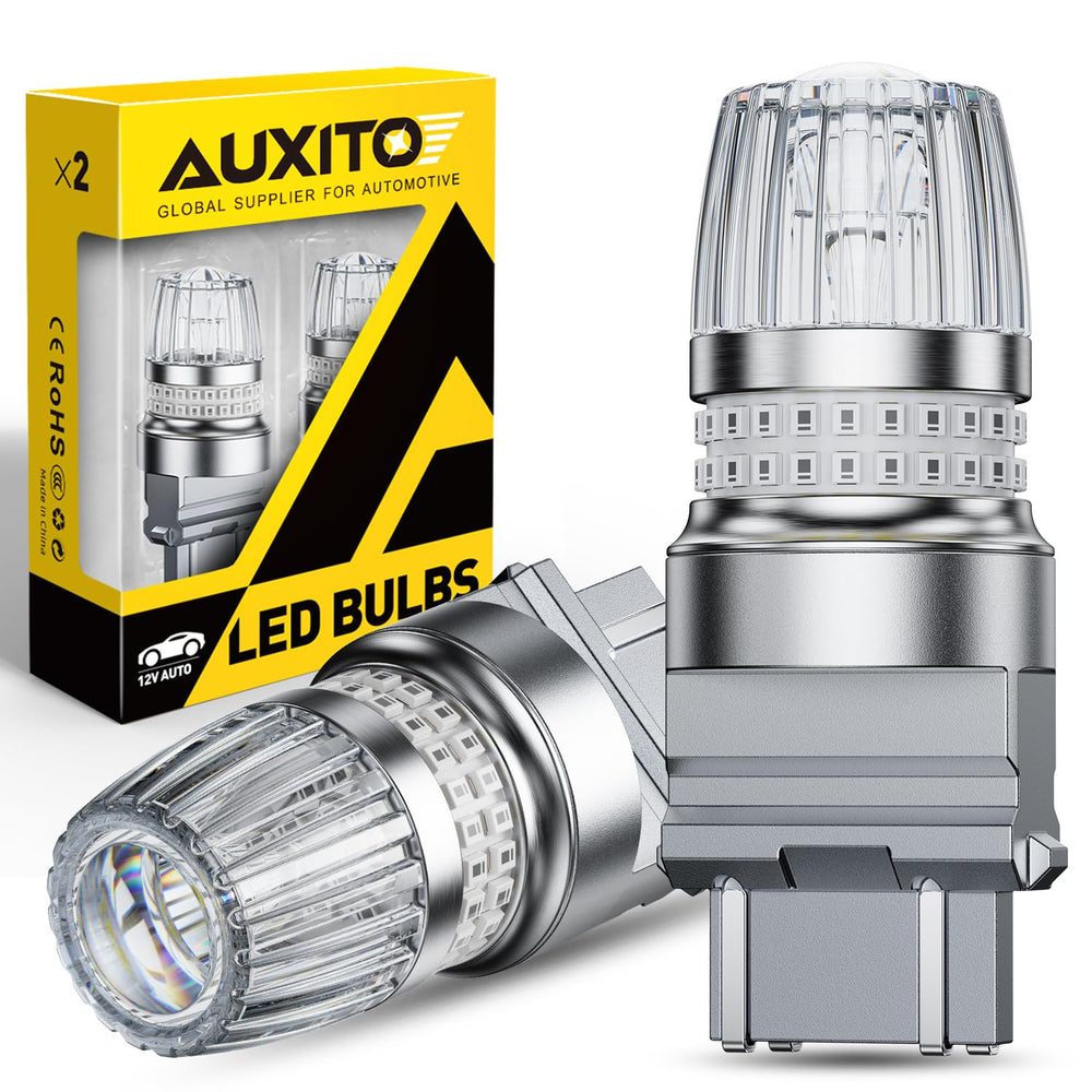 AUXITO 3157 front view showing bright red lens and dense LED array for visibility