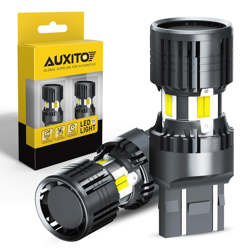 AUXITO front view pack of two bulbs showing fitment and bright white output benefit