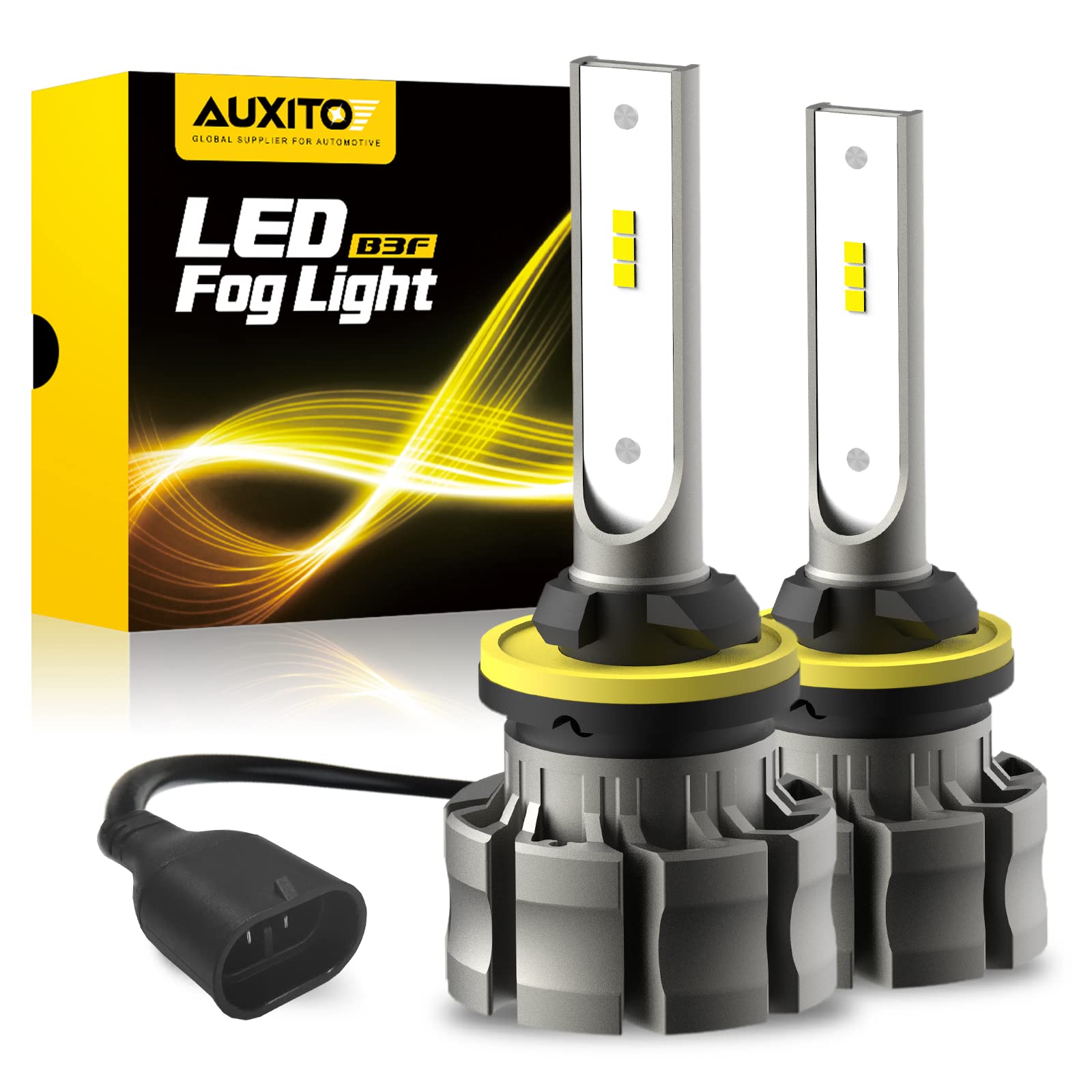 AUXITO front view of two 880 LED fog bulbs showing packaging and bulbs, clear upgrade benefit