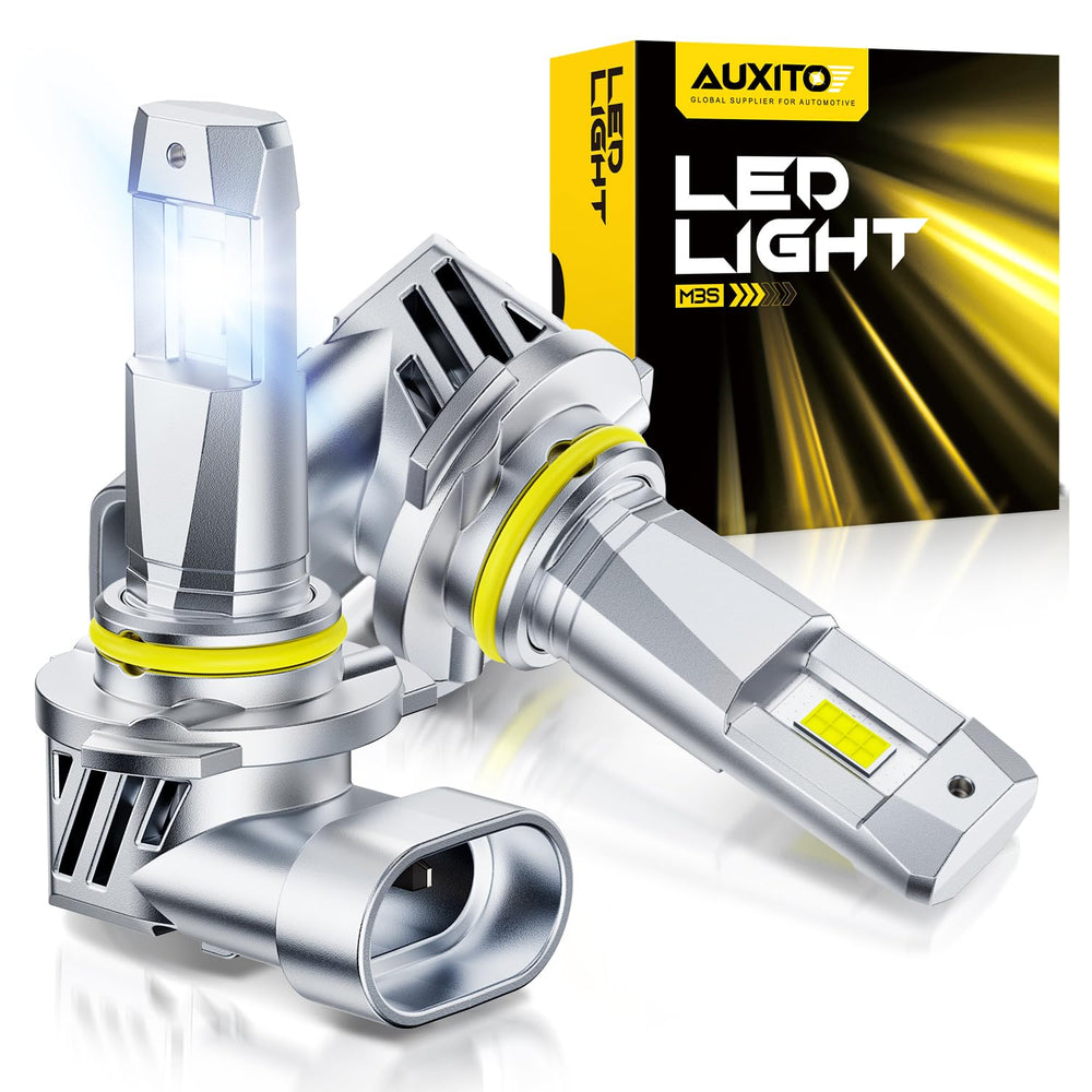 AUXITO 9005 fog bulb front view showing sleek housing and plug-in benefit