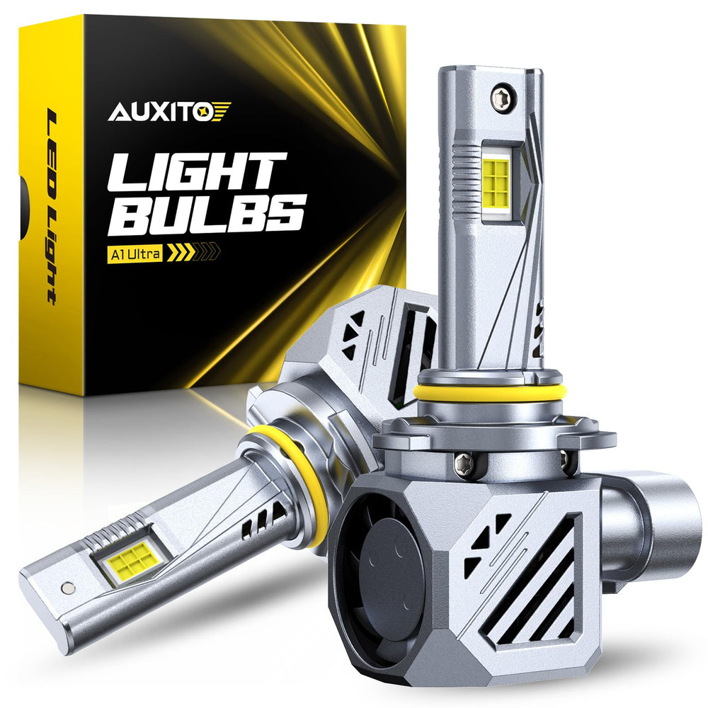 AUXITO 9005 front view showing packaging and two bulbs, highlights quick install benefit