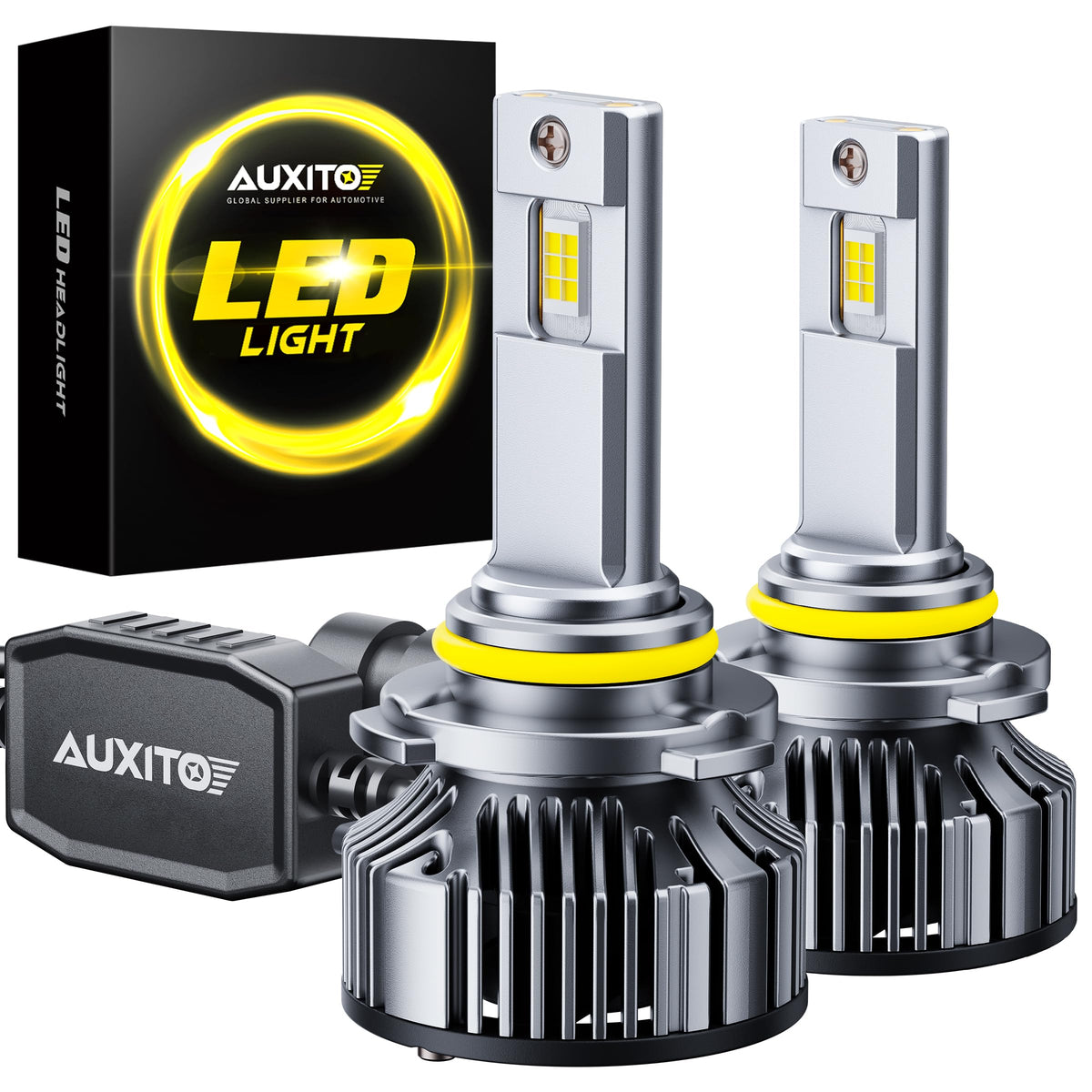 AUXITO 9005 front view showing compact bulb design and brighter output