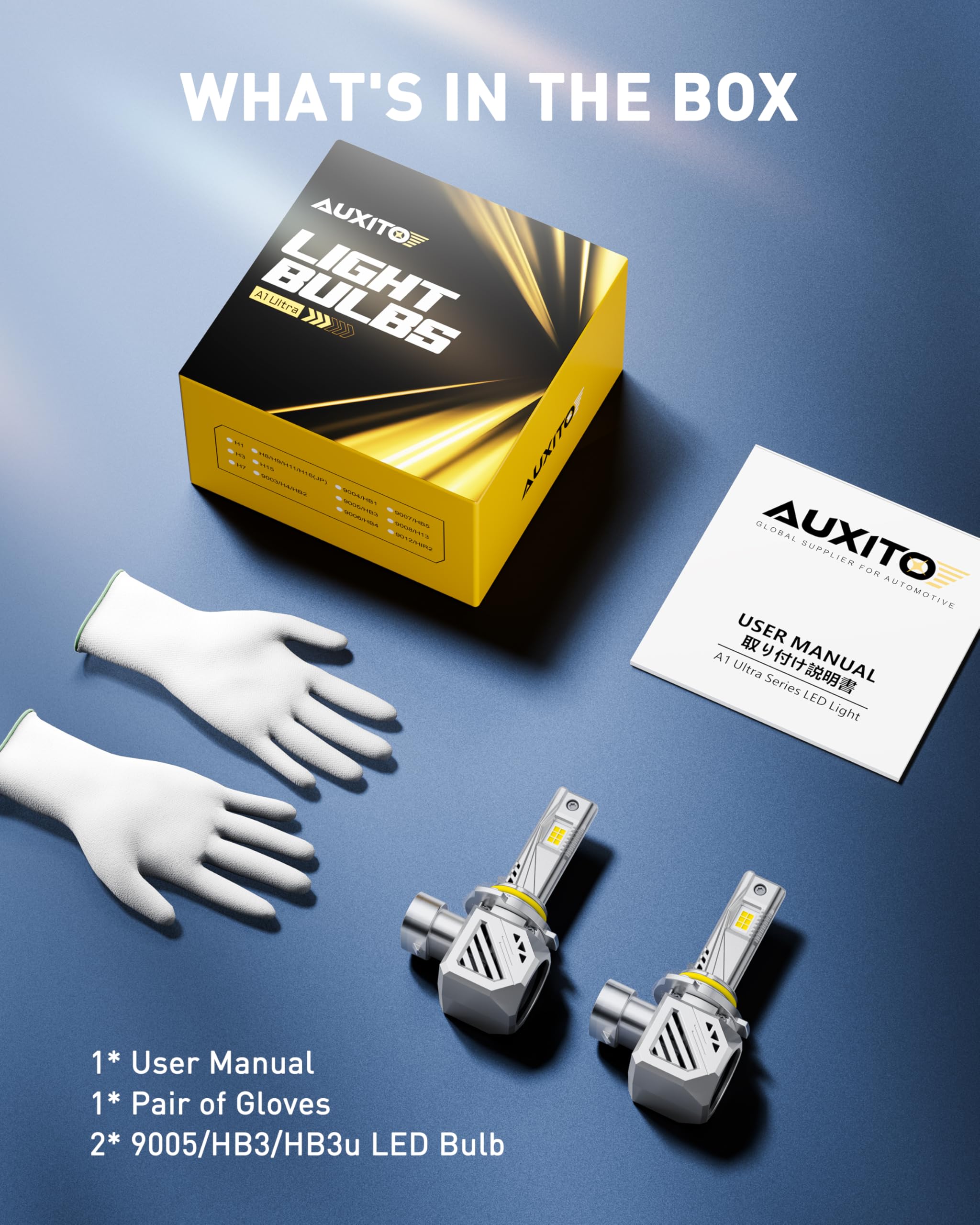 AUXITO 9005 side profile with label, shows model and long lifespan information