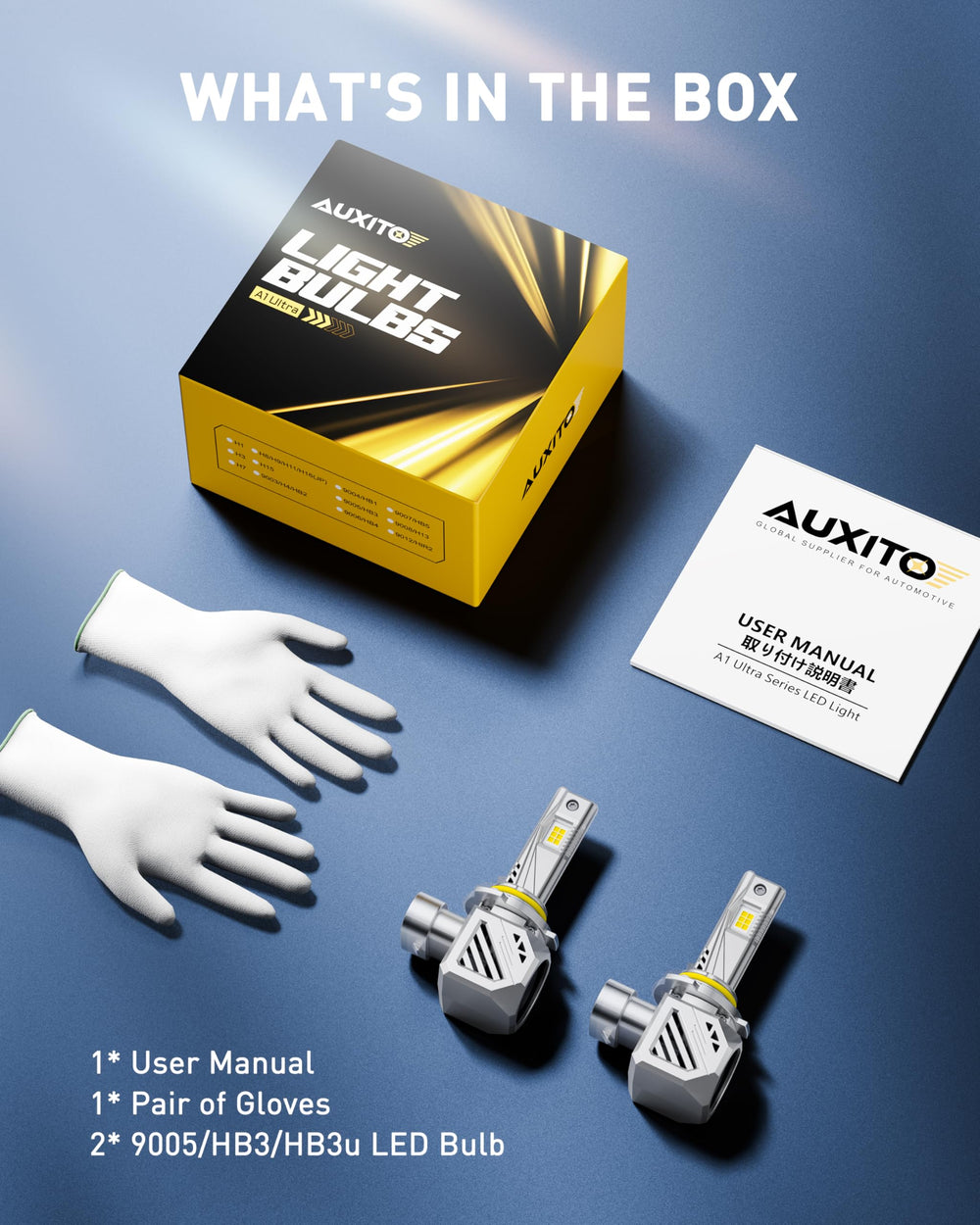 AUXITO 9005 side profile with label, shows model and long lifespan information