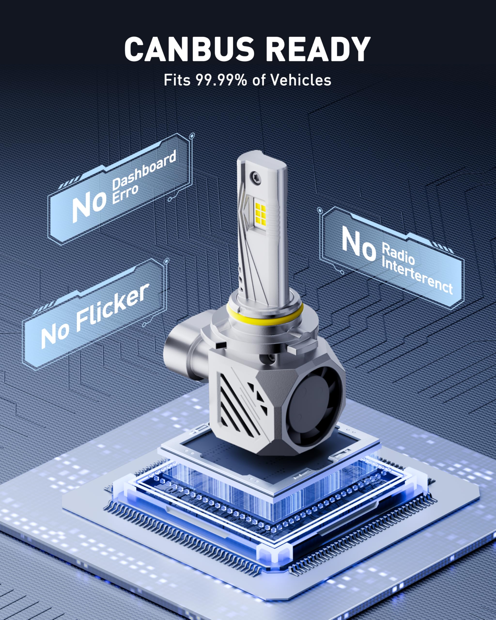 AUXITO 9005 driver module and wires, highlights intelligent decoding and flicker prevention