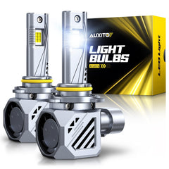 AUXITO 9006 front view showing LED headlight bulbs and benefits of brighter beam