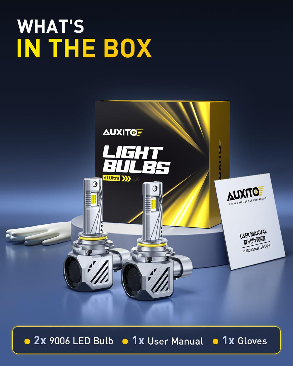 AUXITO 9006 retail packaging open with contents for complete kit convenience