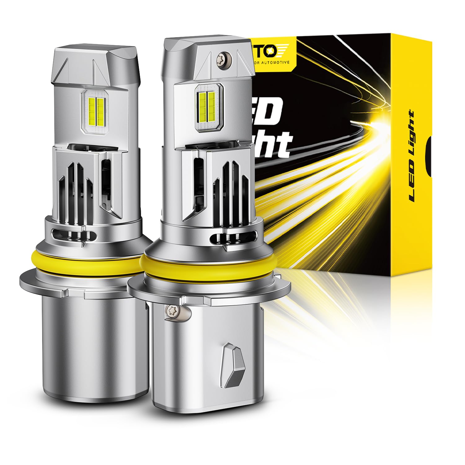 AUXITO 9007 front view pair showing plug-and-play fit and bright output