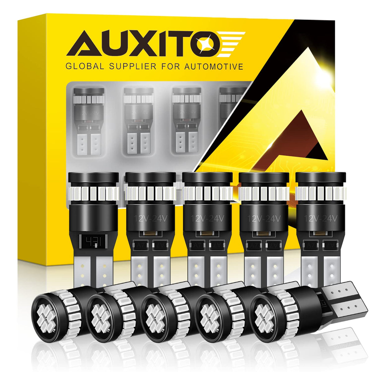 AUXITO front view of red LED bulb pack showing compact dimensions and bright color benefit