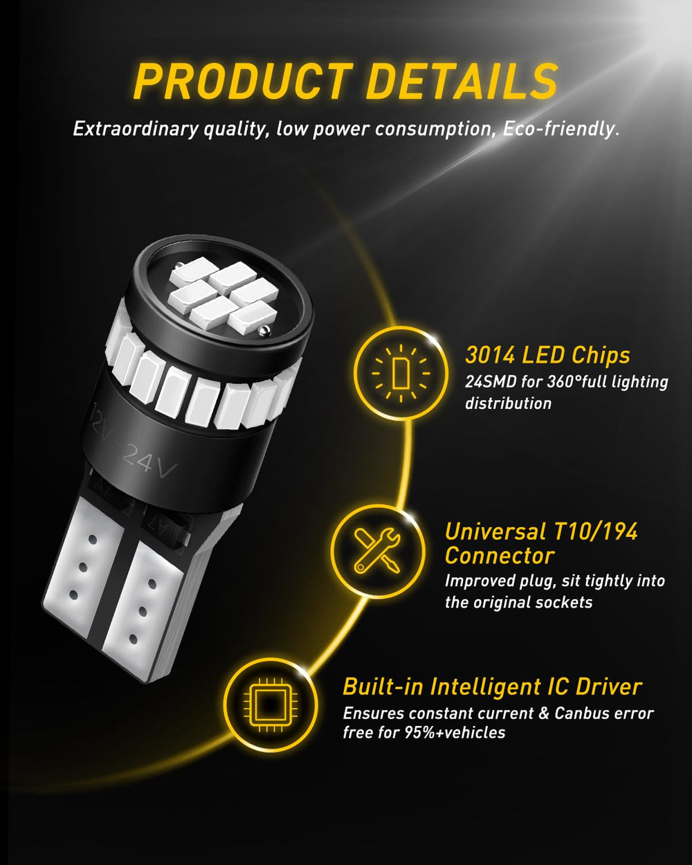 AUXITO side profile of bulb showing compact size for tight wedge sockets and easy fit
