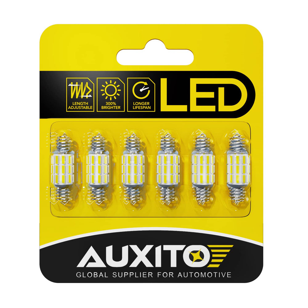 AUXITO front view of 6-pack bulbs showing model and brightness benefits