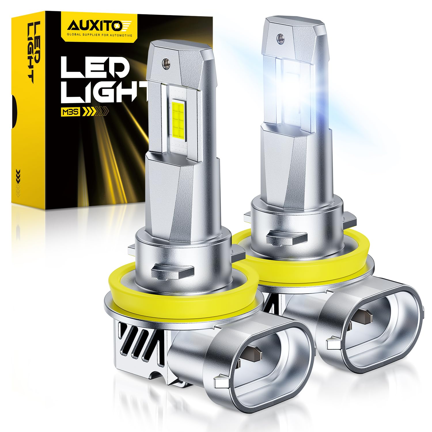 AUXITO front view of bulb pair showing plug-and-play fit and modern styling