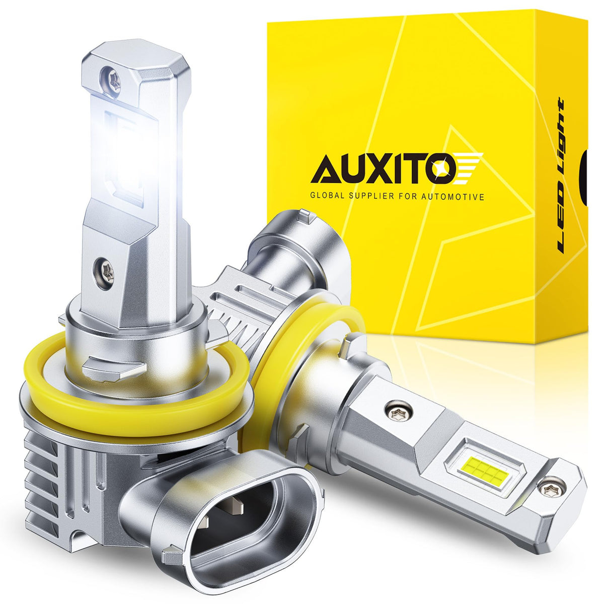 AUXITO front view pack of two LED fog bulbs showing plug-and-play benefit