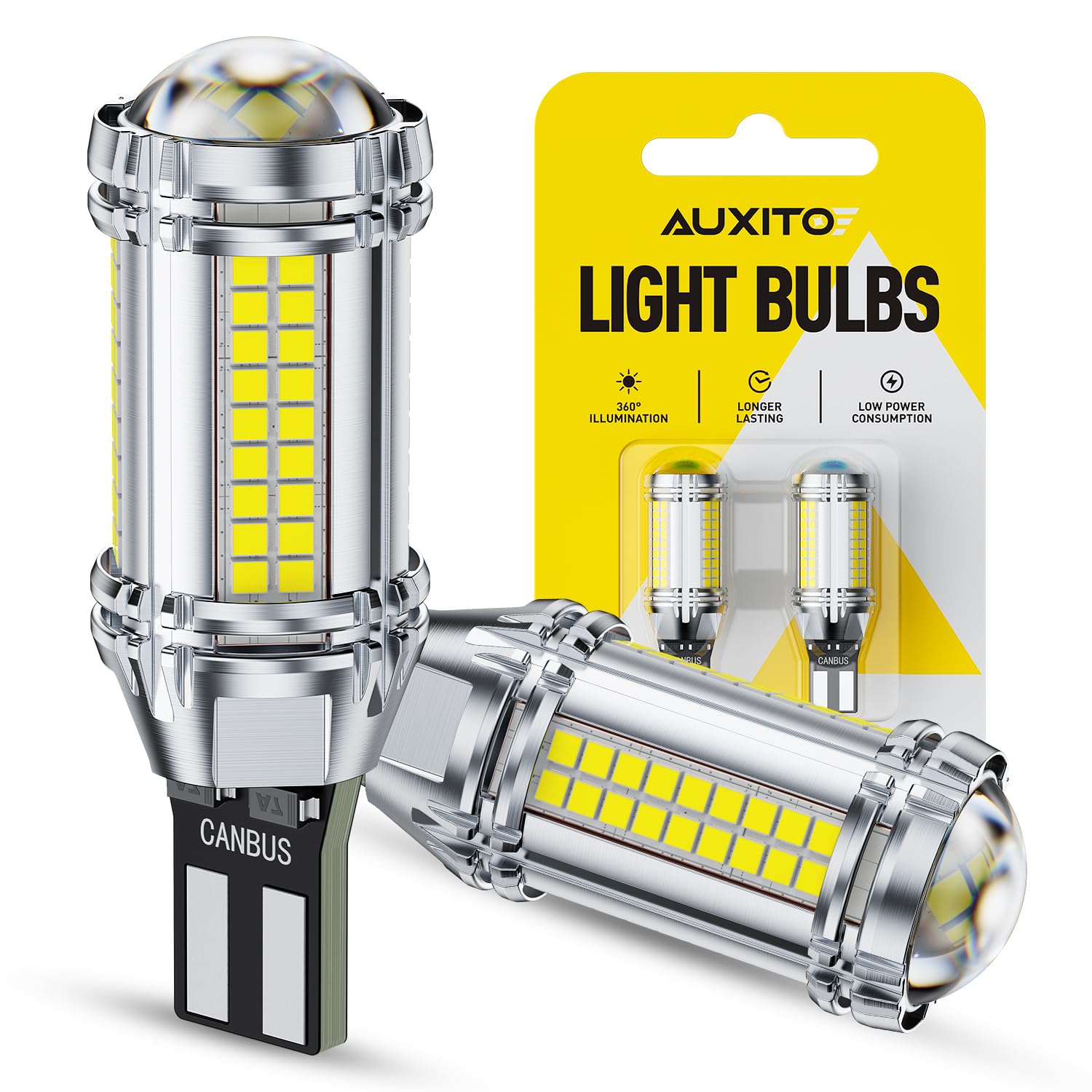 AUXITO front view of LED bulb showing design and bright benefit