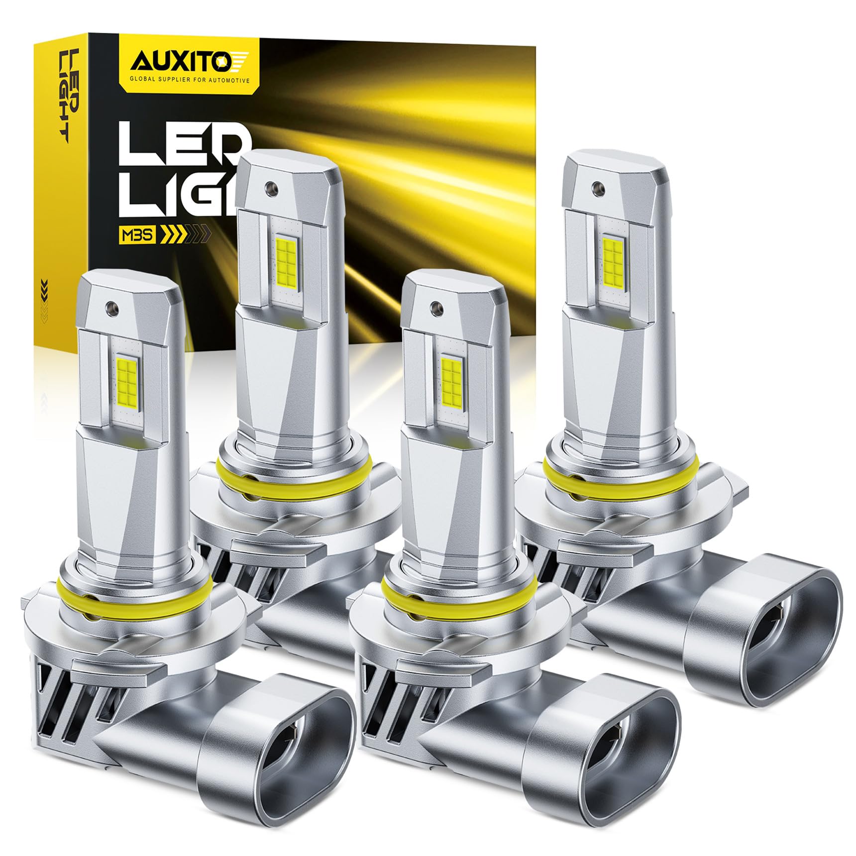 AUXITO front view of pack of four bulbs showing compact design and easy replacement benefit
