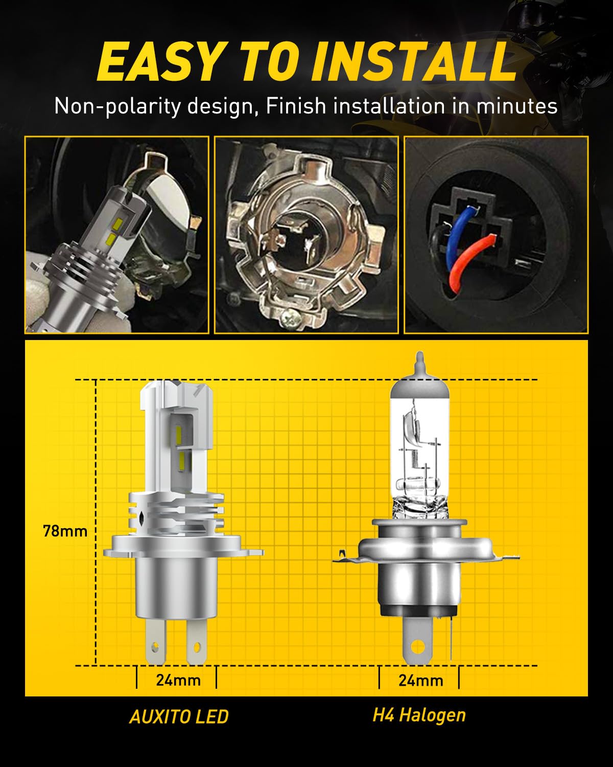 AUXITO bulb installed in motorcycle headlight demonstrating brighter road visibility