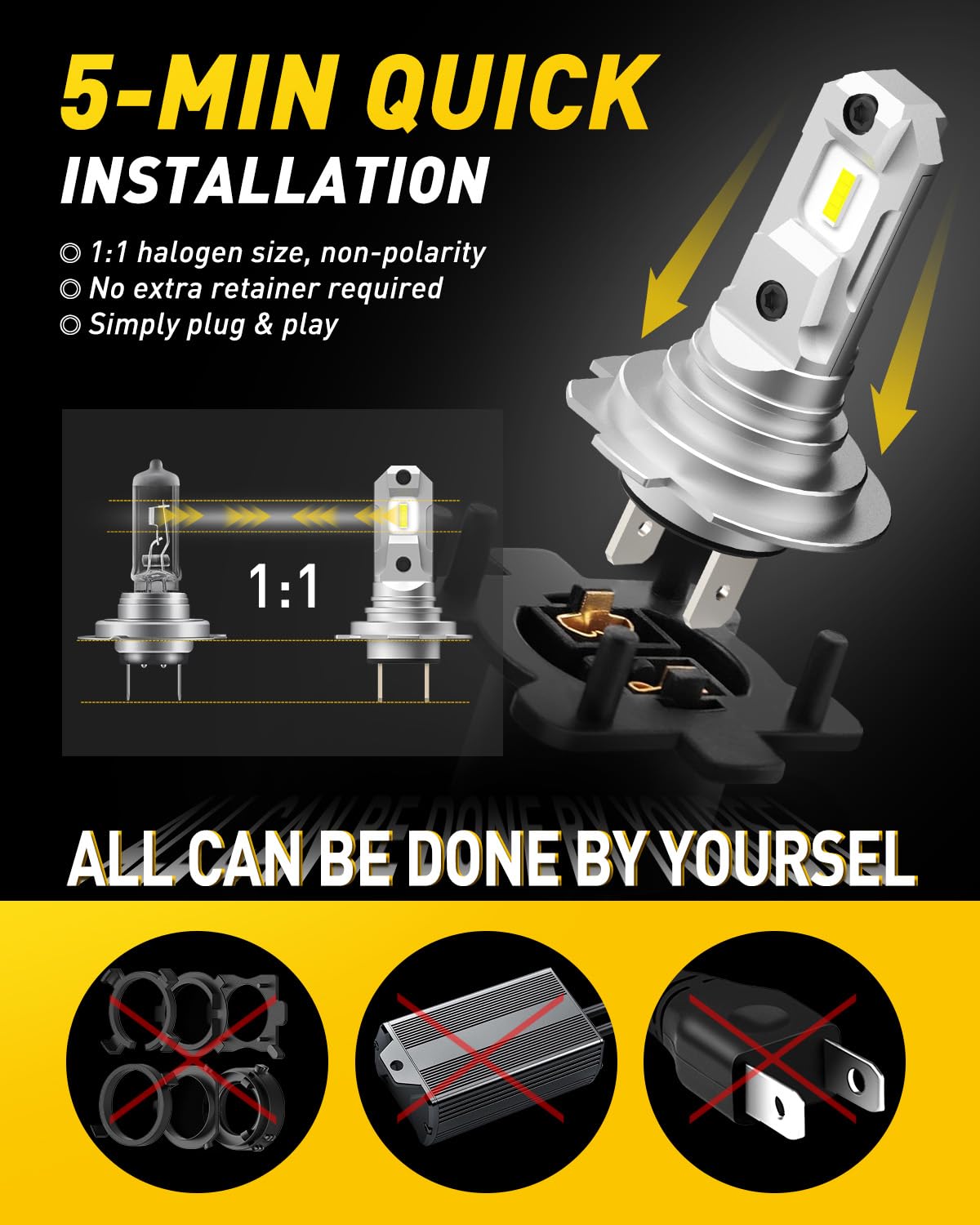 AUXITO H7 installed in headlight housing demonstrating simple plug-and-play fit