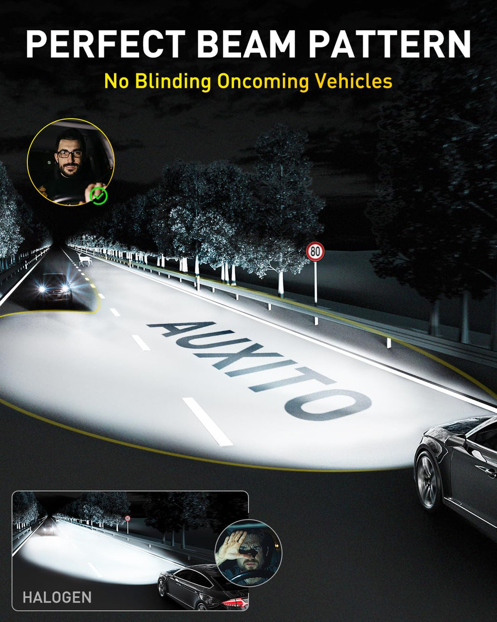 AUXITO bulbs installed on car at night showing brighter, clearer road illumination