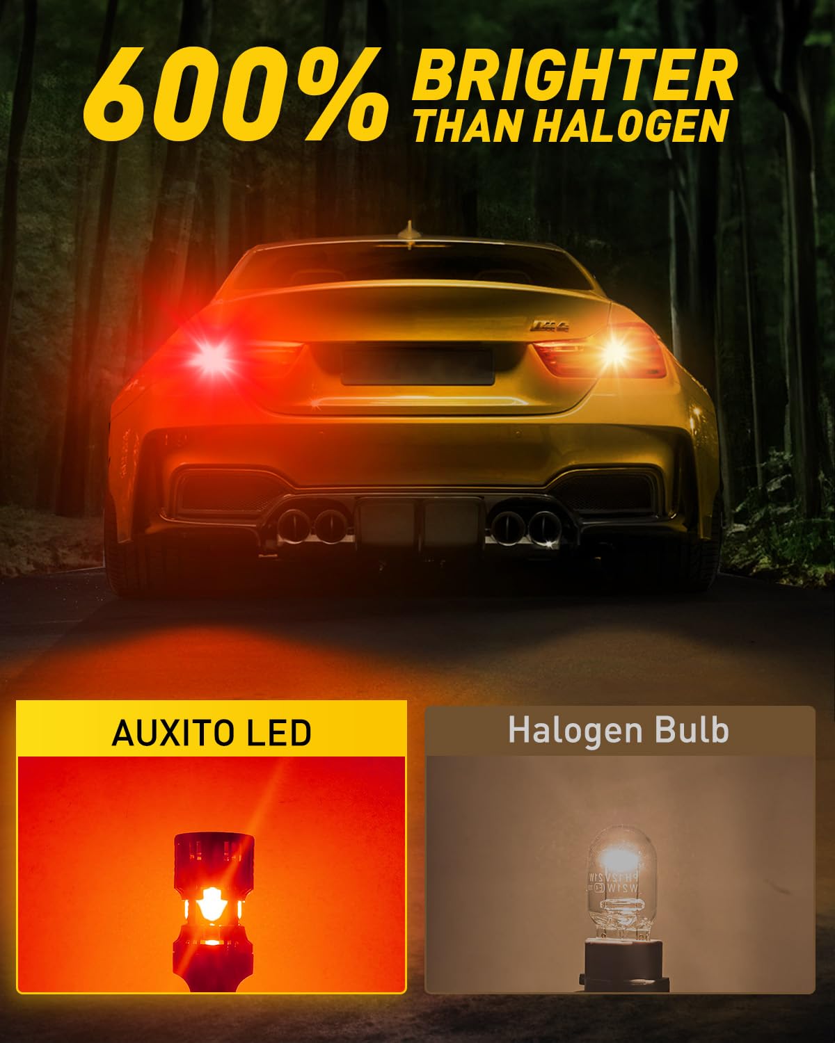 AUXITO bulb installed in car brake housing demonstrating improved noticeability