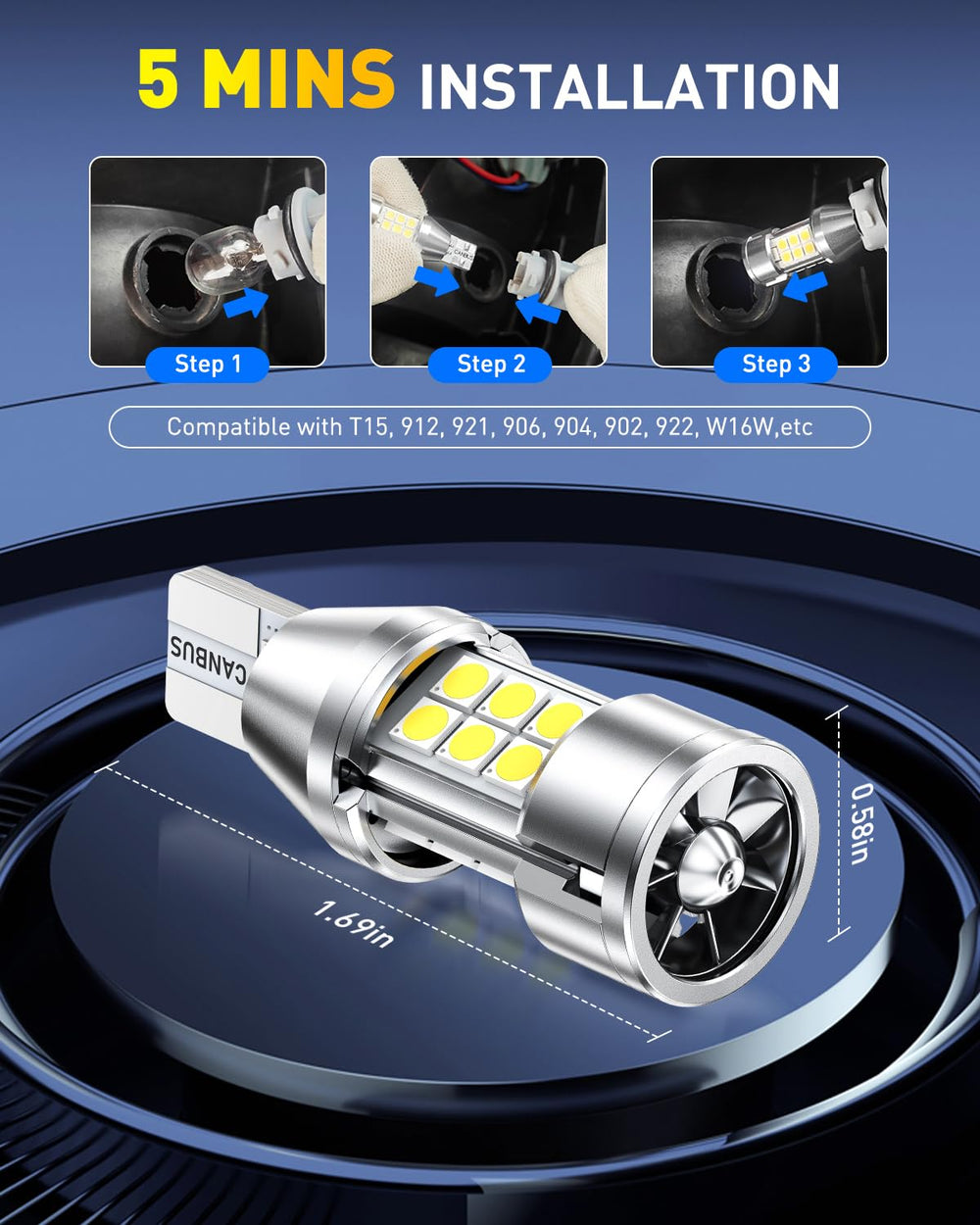 AUXITO reverse light beam at night showing clear bright white illumination