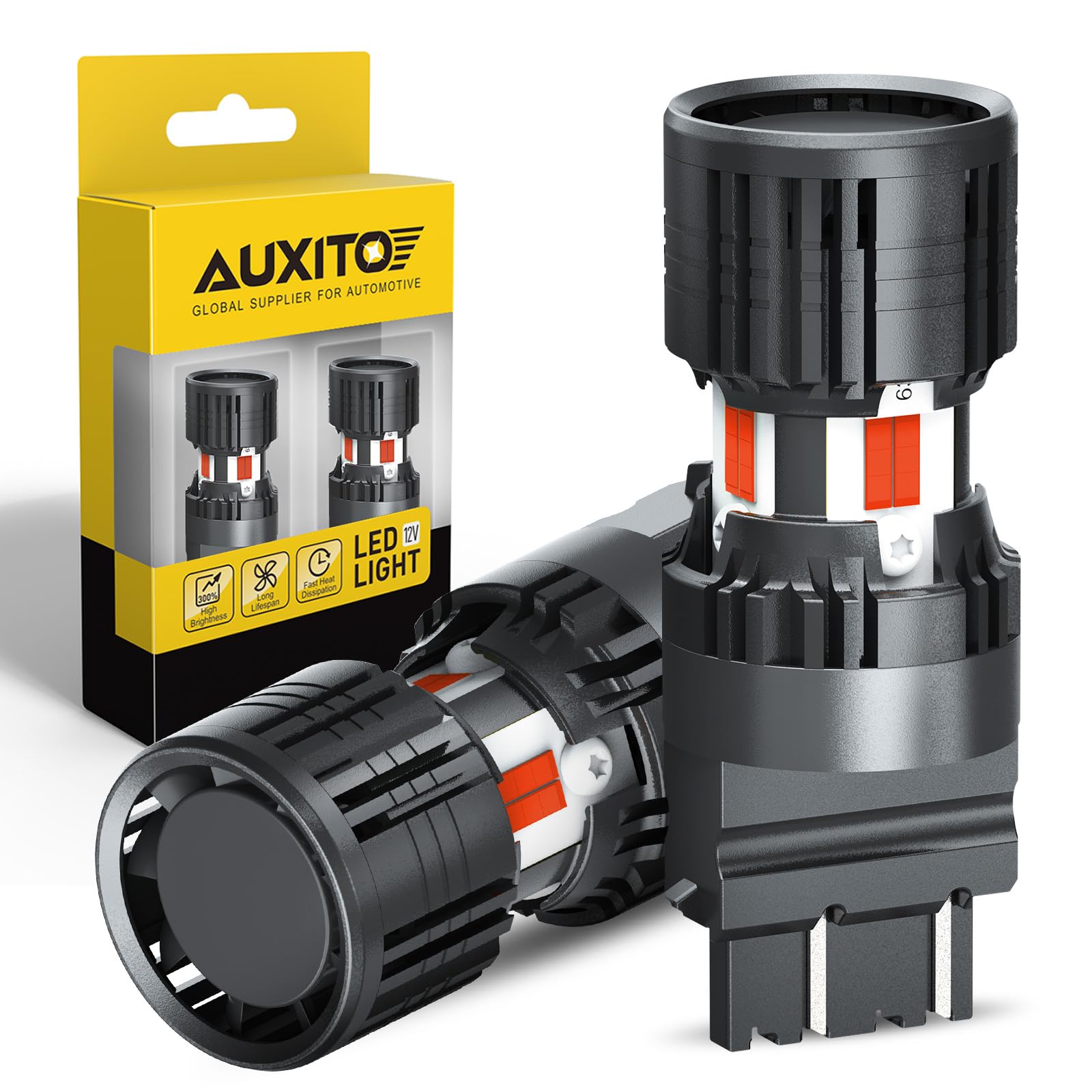 AUXITO red 3157 front view showing plug-and-play fit and clear lens for visibility