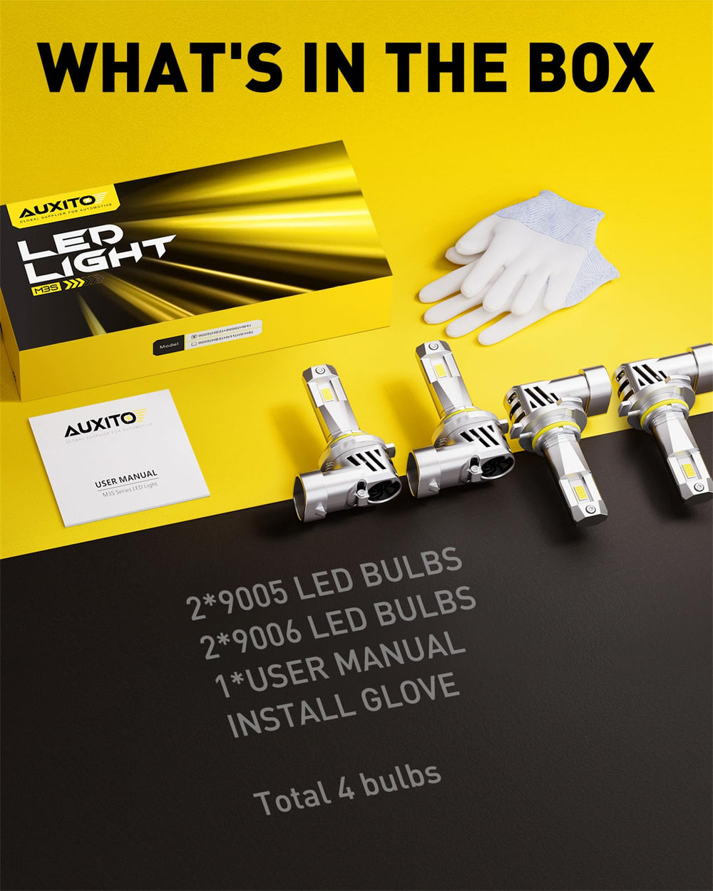 AUXITO next to halogen bulb showing compact size and straightforward fitment benefit