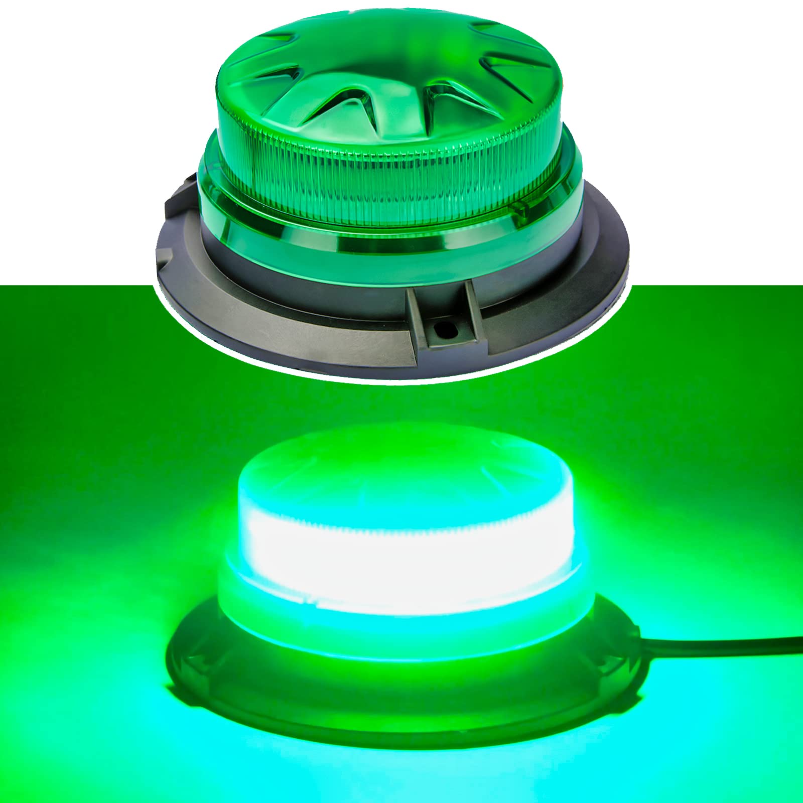 AUXMOTEC front profile beacon showing bright green light and visibility
