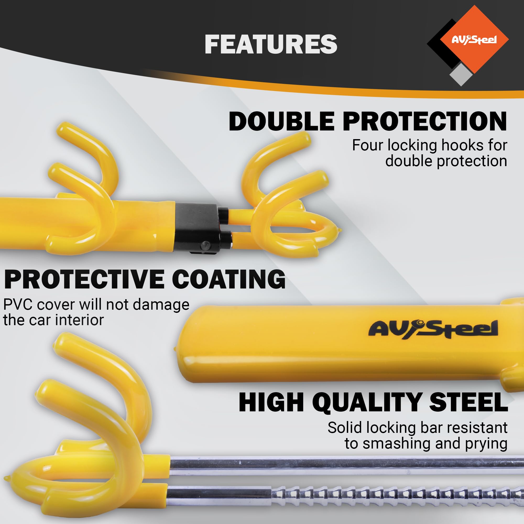 AV Steel detailed view of the four-hook system securing the steering wheel firmly