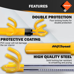 AV Steel detailed view of the four-hook system securing the steering wheel firmly
