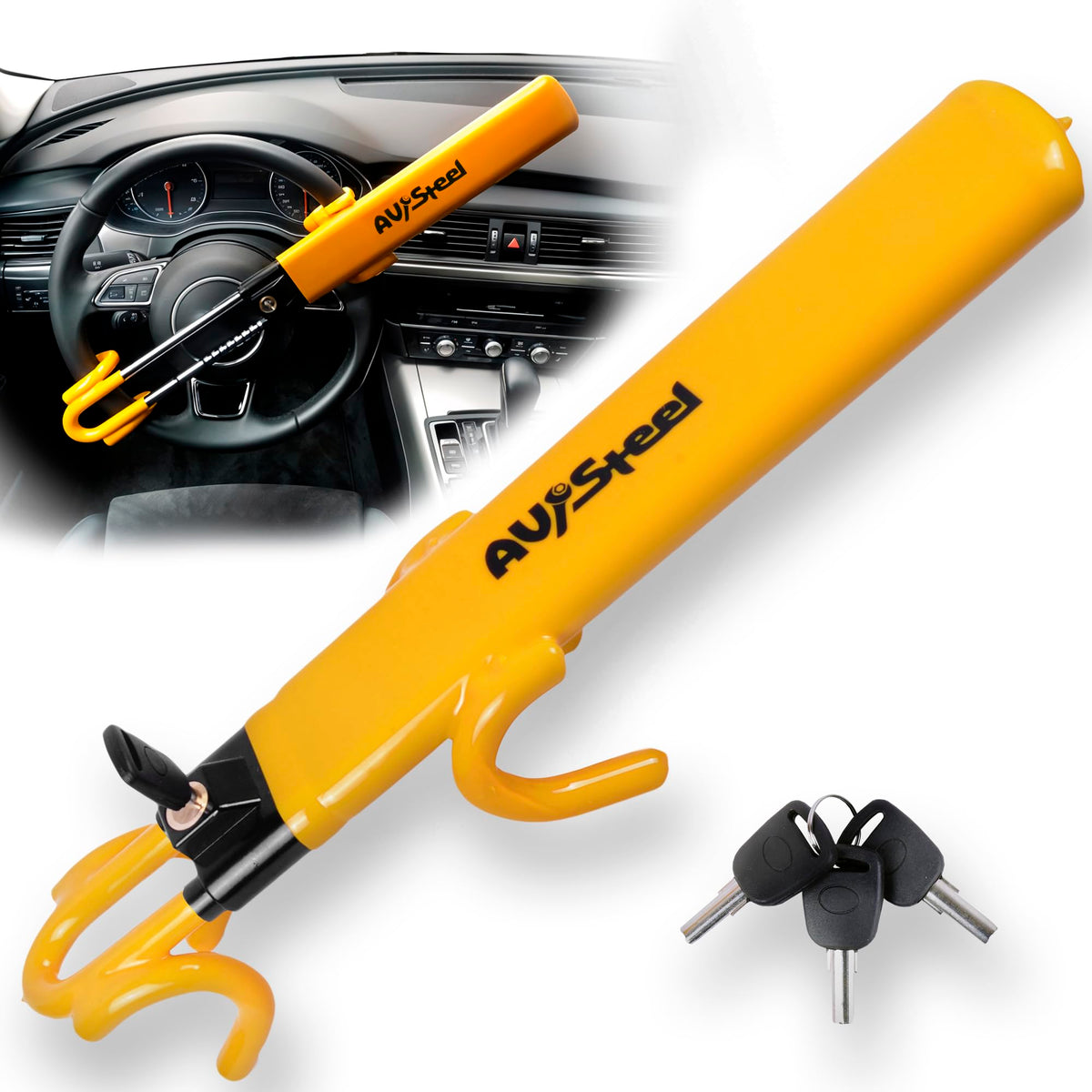 AV Steel front view of steering wheel lock showing visible deterrent and protection