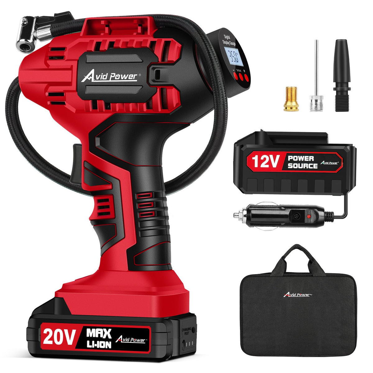 AVID POWER front view of the inflator showing compact design and portability benefits