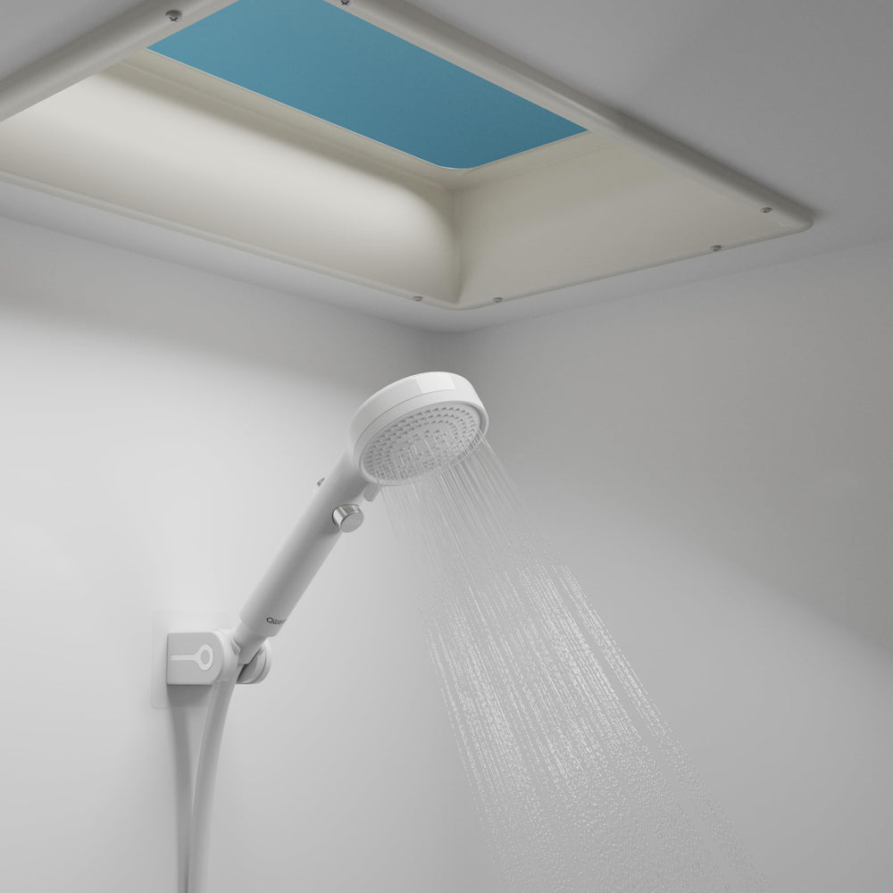 Awelife lifestyle camper shower scene showing practical use while boondocking