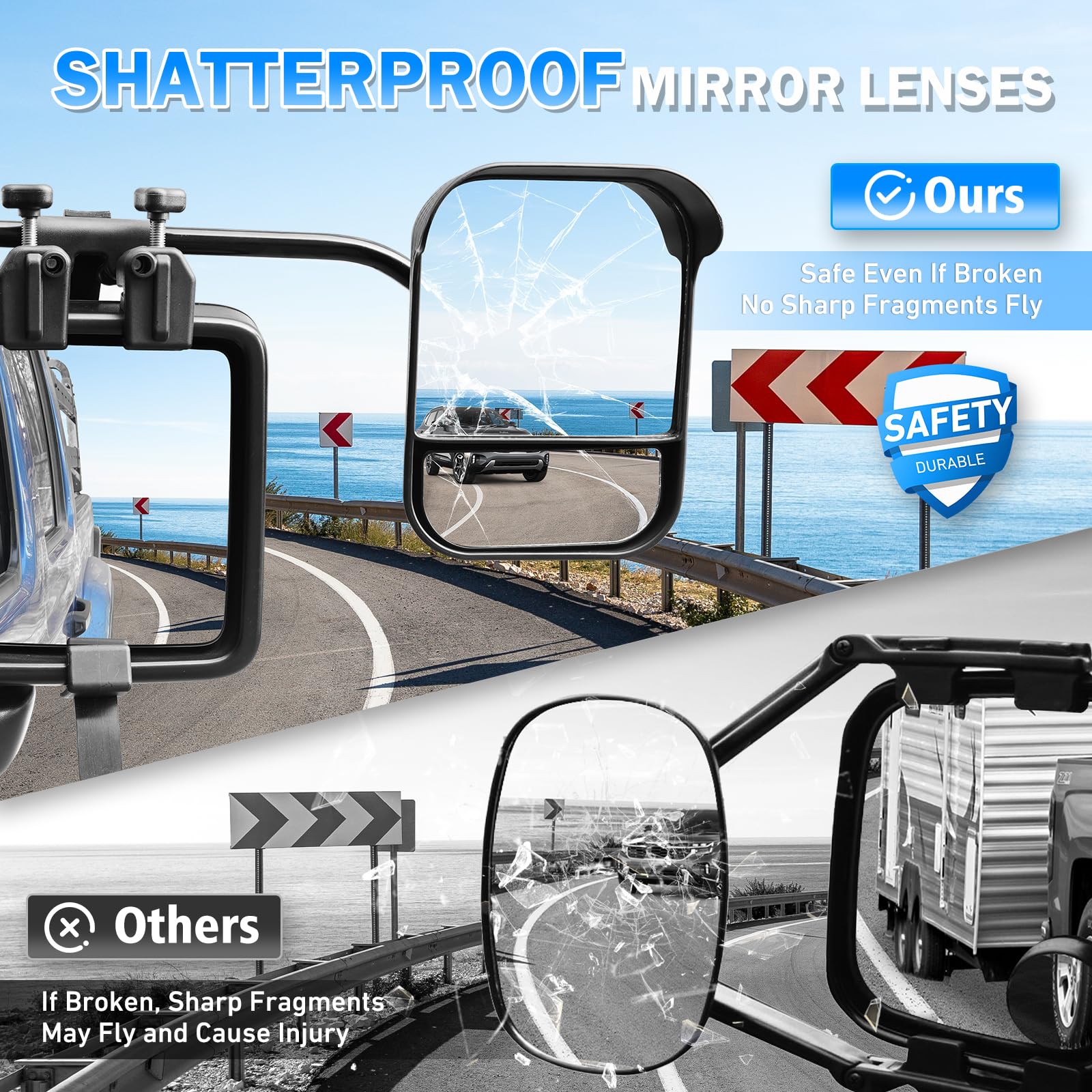 AXIMIRON clamp and hand-tightened knobs securing mirror for stable towing