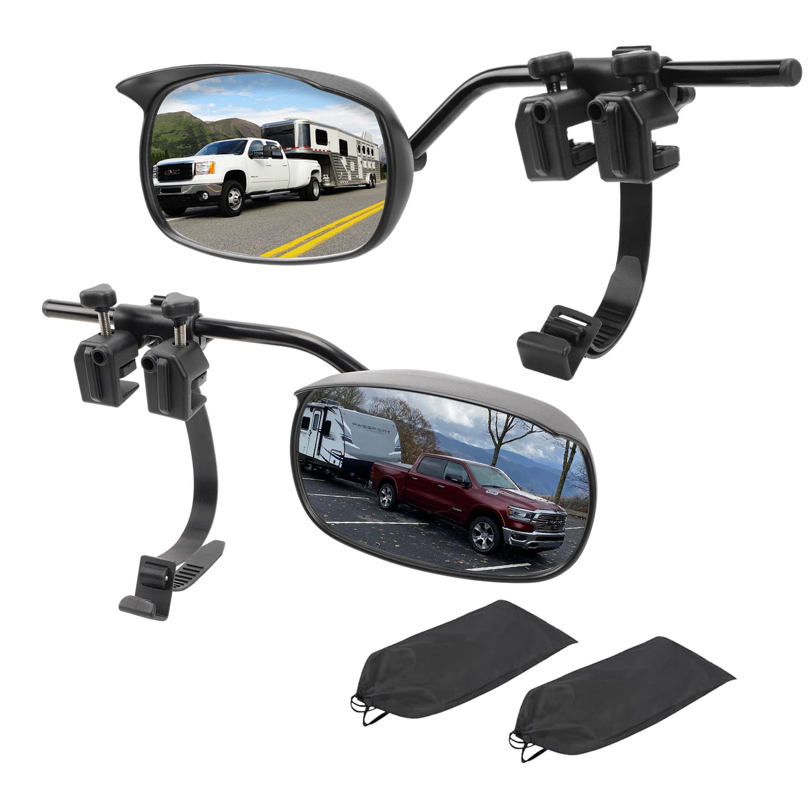 AXIMIRON front view of two tow mirrors showing full kit and benefits