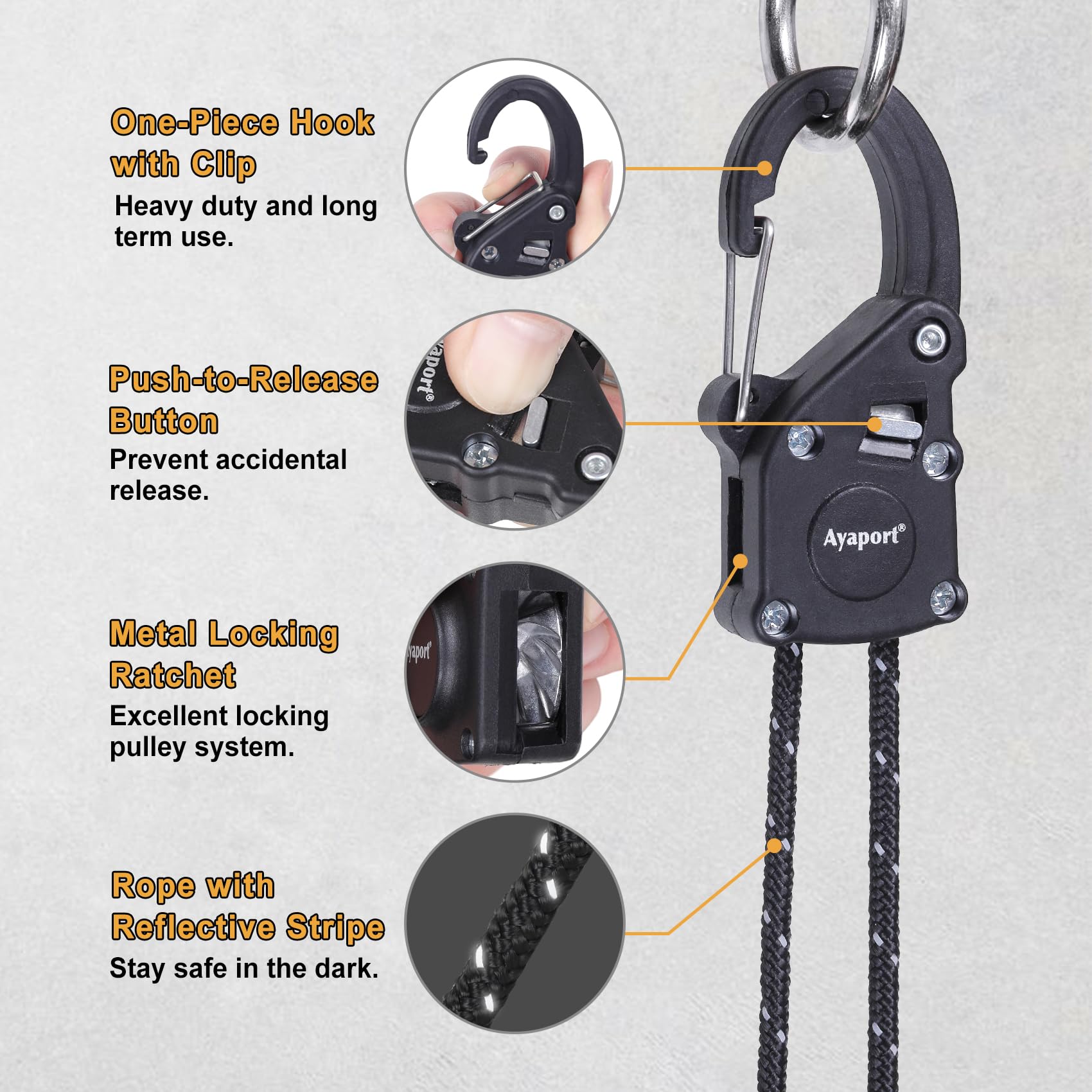 Ayaport carabiner clip detail with safety latch providing secure attachment