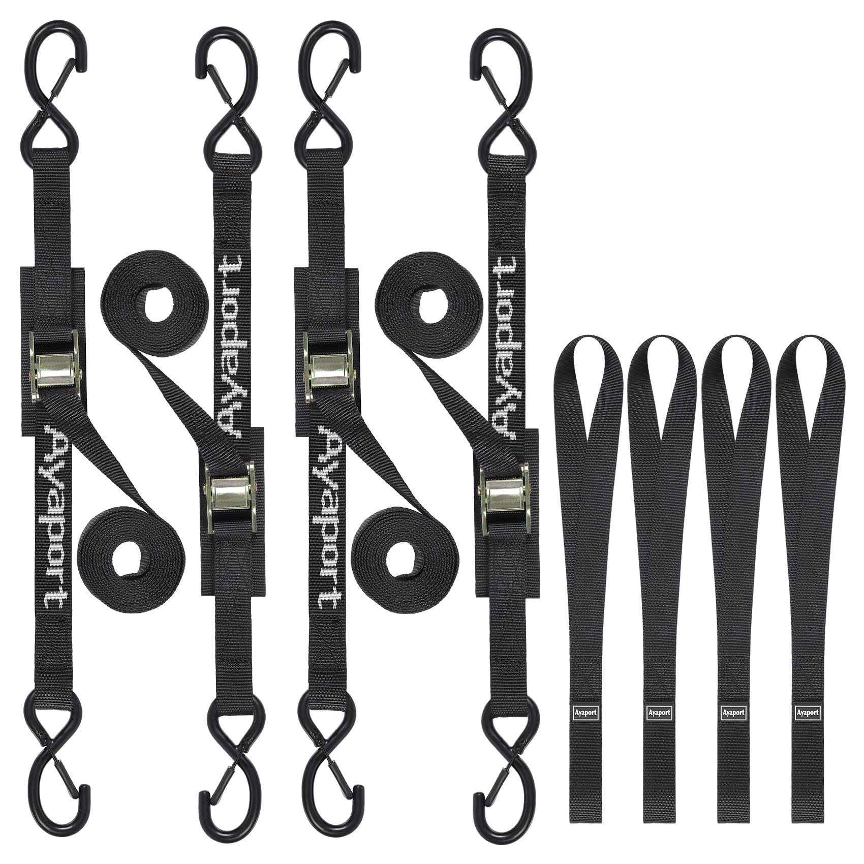 Ayaport front packaging showing 4-pack tie down kit and included loop protectors for convenience