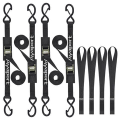 Ayaport front packaging showing 4-pack tie down kit and included loop protectors for convenience