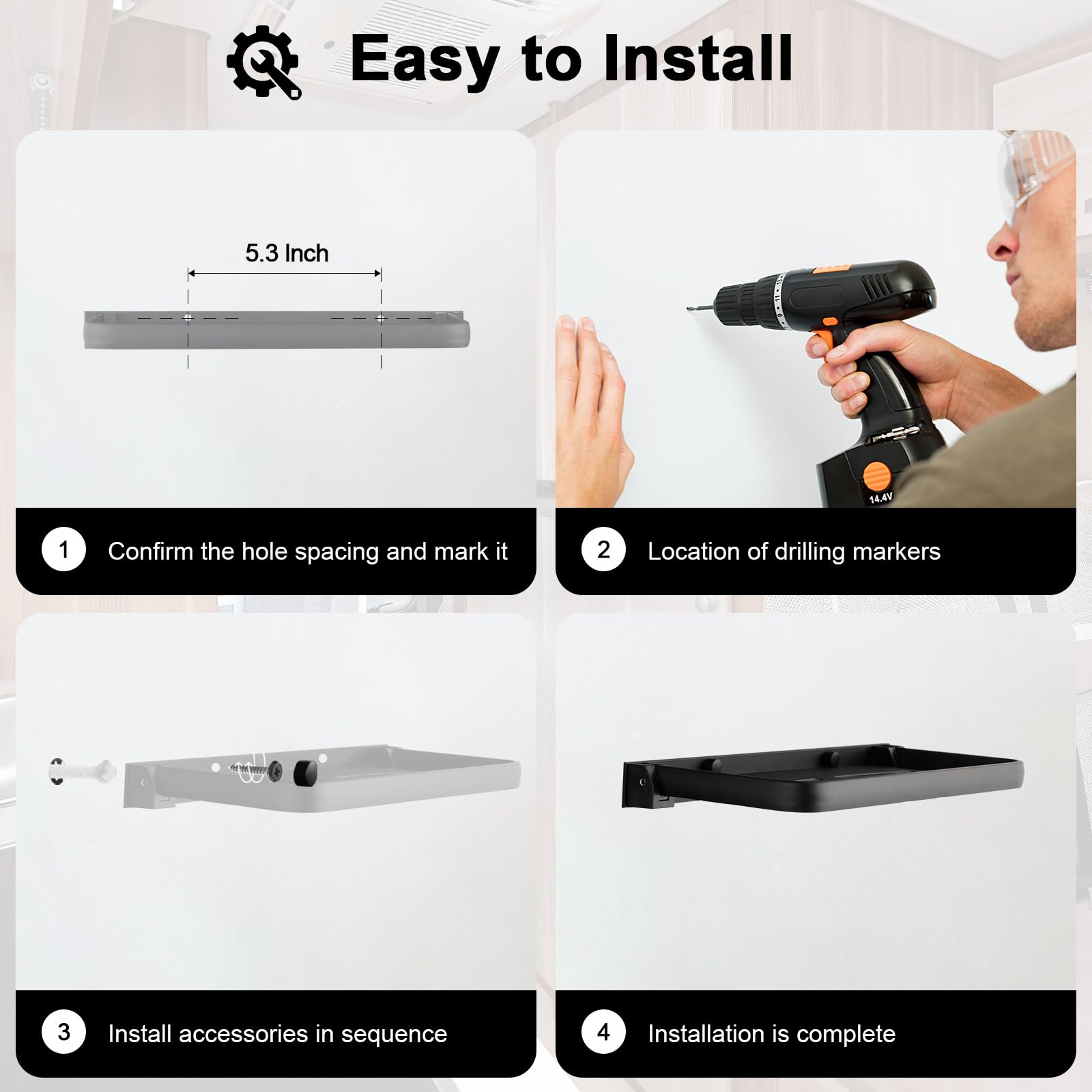 AYWSTC shelf folded flat against wall saving space and preventing obstructions