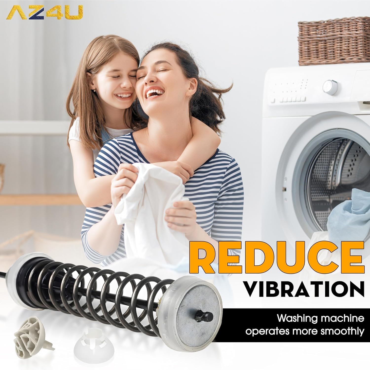 AZ4U in a laundry room lifestyle scene showing quieter washer operation