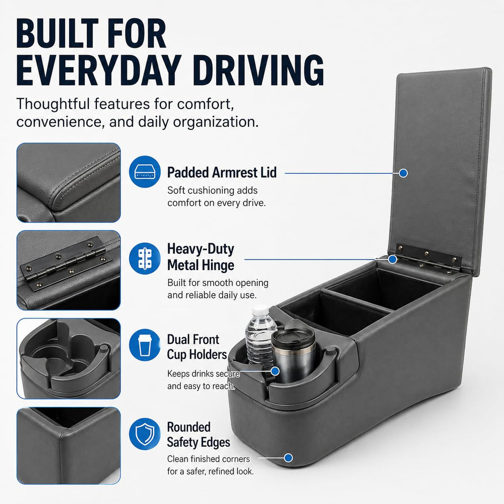 AZIFOK close-up of padded armrest and dual cup holders for comfortable driving
