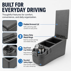 AZIFOK close-up of padded armrest and dual cup holders for comfortable driving