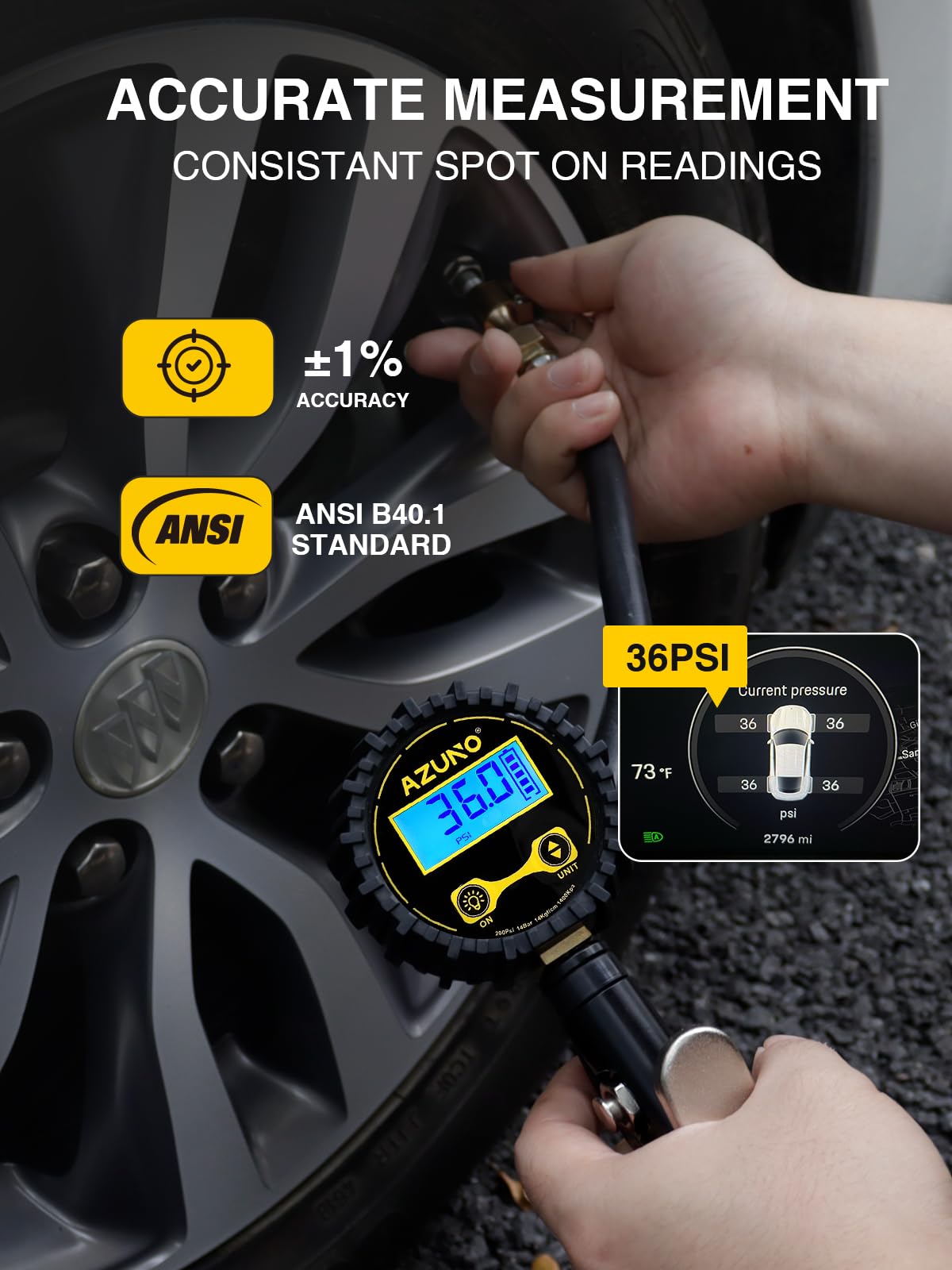 AZUNO closeup of backlit LCD display for precise and easy pressure readings