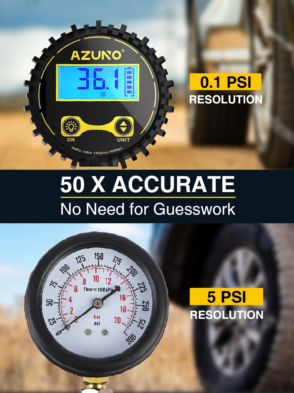 AZUNO inflator attached to car tire demonstrating quick inflation and easy use