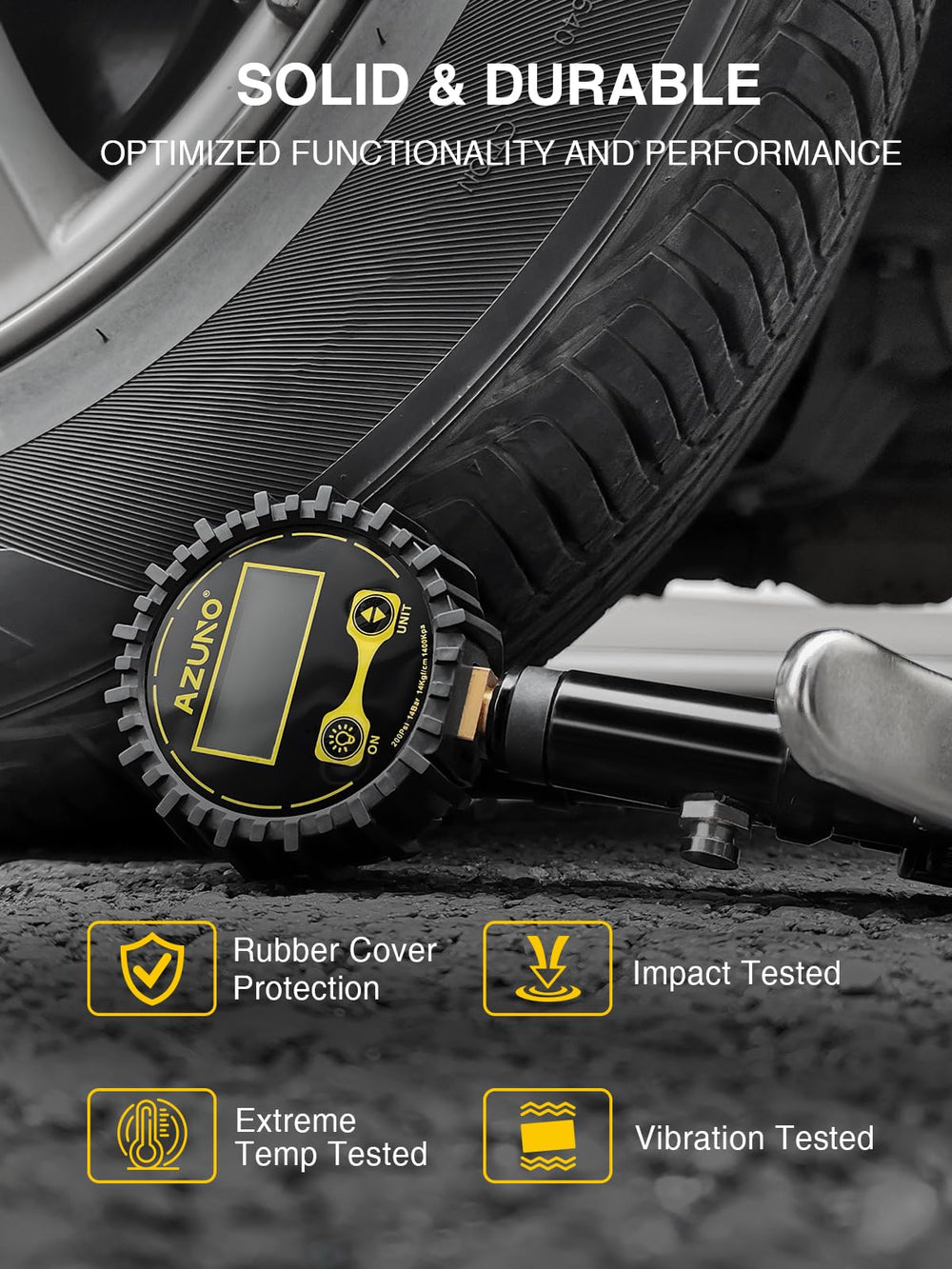 AZUNO inflator next to ruler showing compact size for convenient transport