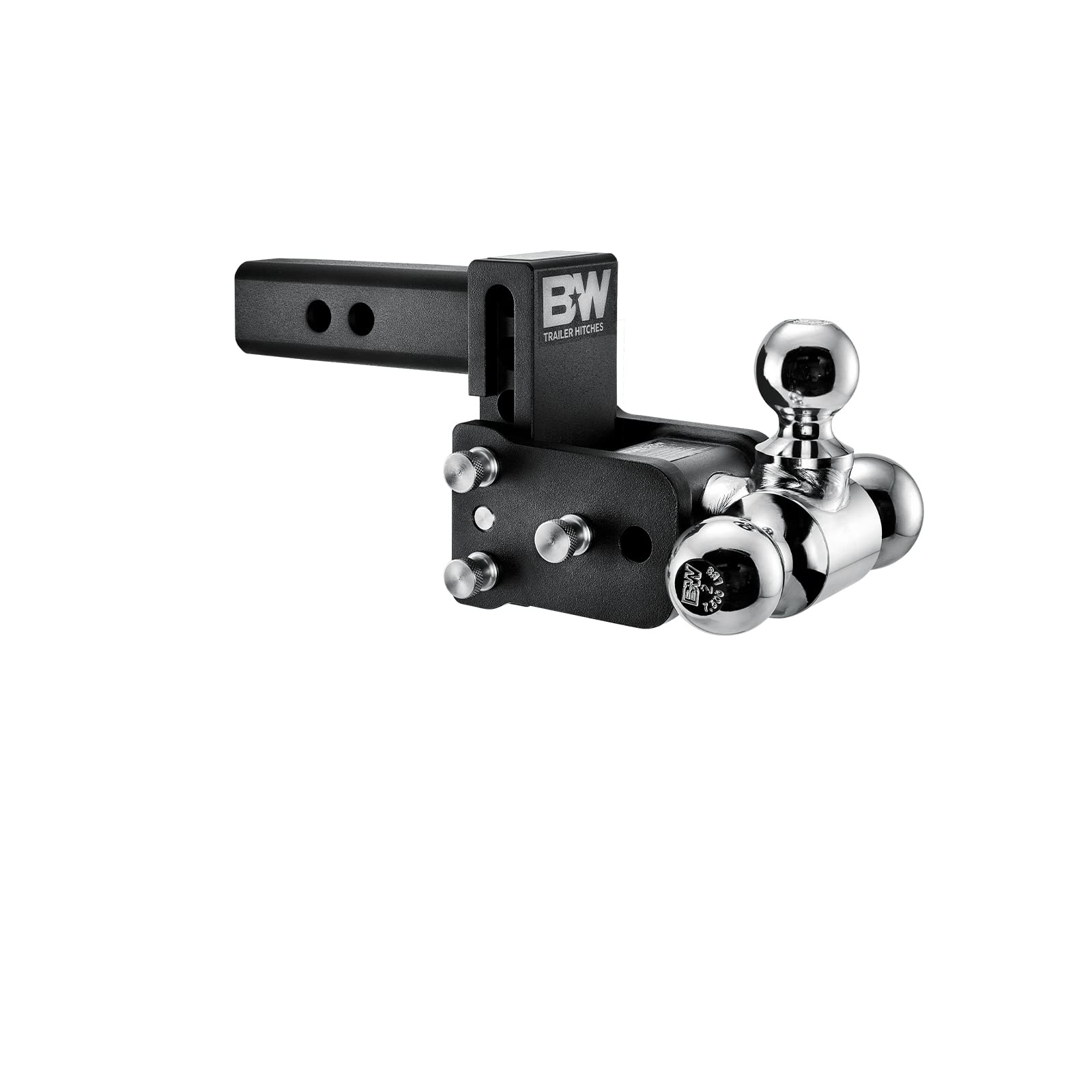 B&W front view of Tow & Stow showing complete hitch and benefits of versatility