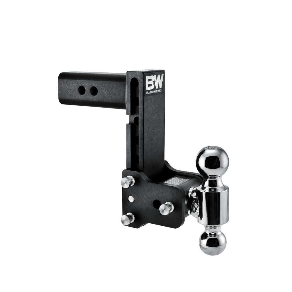 B&W front view of Tow & Stow showing dual-ball versatility and quick height changes