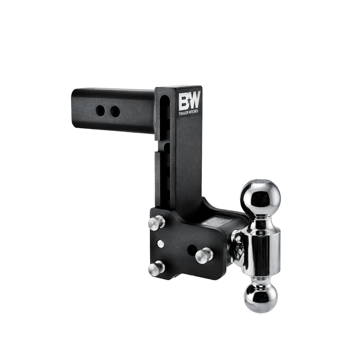 B&W front view of Tow & Stow showing dual-ball versatility and quick height changes